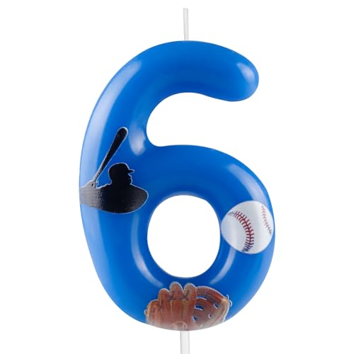 Blue Baseball Number 6 Birthday Candle Cake Topper for Sports Party