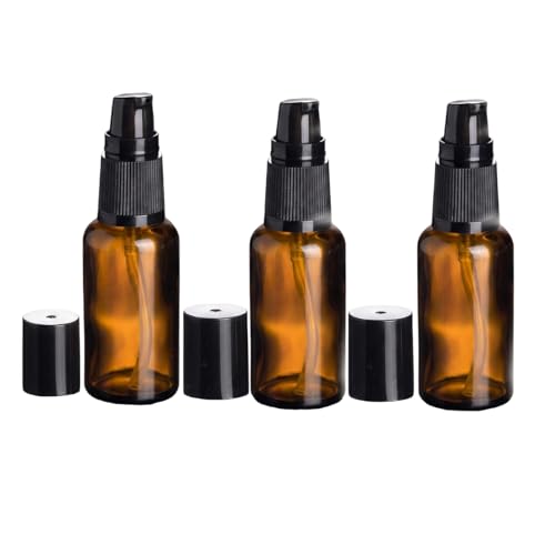 QUUPY 3-Pack 30ml Amber Glass Pump Bottles for Lotion and Essential Oils