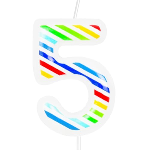 Rainbow Number 5 Birthday Candle - 2.4 Inch Multicolor Stripes