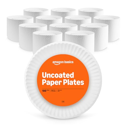 Amazon Basics 9" Uncoated White Paper Plates - Compostable, Microwave Safe, 1200 Count