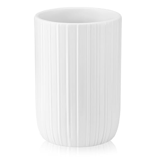 UHEY HOME Ceramic Bathroom Tumbler, 12.6oz Stripe White Toothbrush Holder