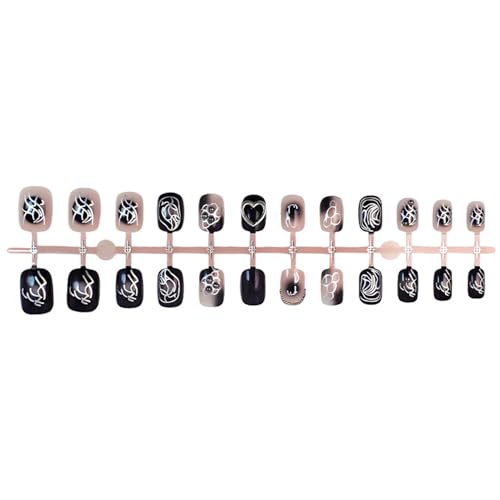 Black Gothic Press On Nails Short Square 3D Heart Chain Y2K