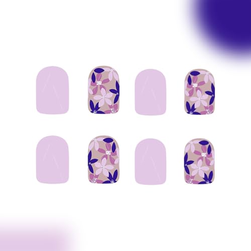 Short Square Floral Press On Nails Light Purple Glossy Acrylic Fake Nails