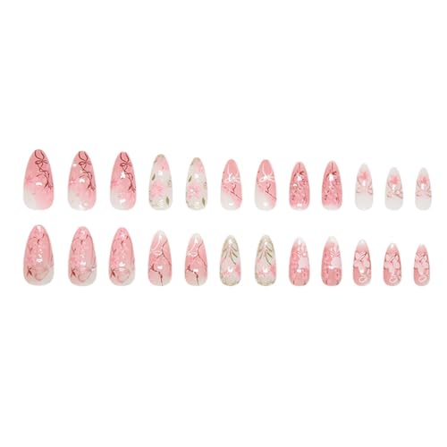 Pink Flower Press on Nails Medium Almond Fake Nails with Bow and Pearls