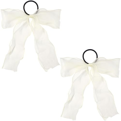 STSTR 2Pcs Large Beige Organza Hair Bow Ties, Long Tail Bowknot Scrunchies