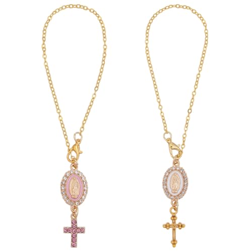 2Pcs Car Rosary Rearview Mirror Hanging Ornament Cross Charm