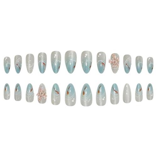 Blue French Tip Press On Nails with 3D Hibiscus Flower Charms