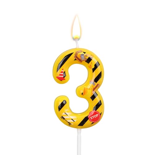 Penitue Construction Number 3 Birthday Candle, Yellow and Black Striped Cake Topper