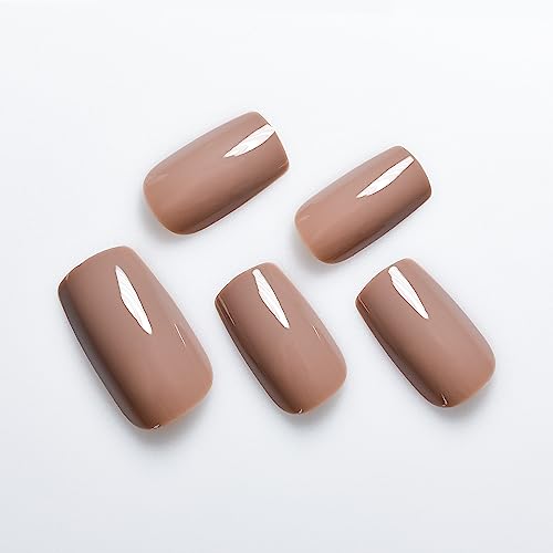 IKISKT Glossy Light Brown Press On Nails Square Fake Nails 24 Pcs