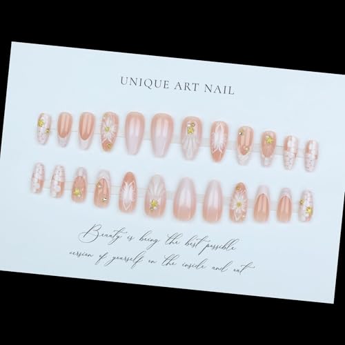 Bloazife 3D Flower French Tip Press On Nails Medium Almond False Nails