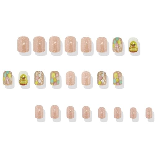 Easter Press on Nails Short Square Pink Fake Nails with Polka Dots 24 Pcs