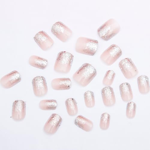 Hrnsnails Glitter Ombre Short Square Press on Nails - 24Pcs Sparkly Acrylic False Nails Kit