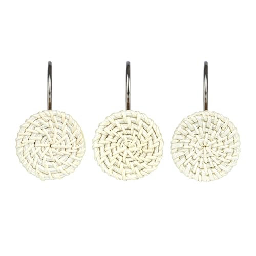 Boho Woven Rattan Shower Curtain Hooks - Set of 12