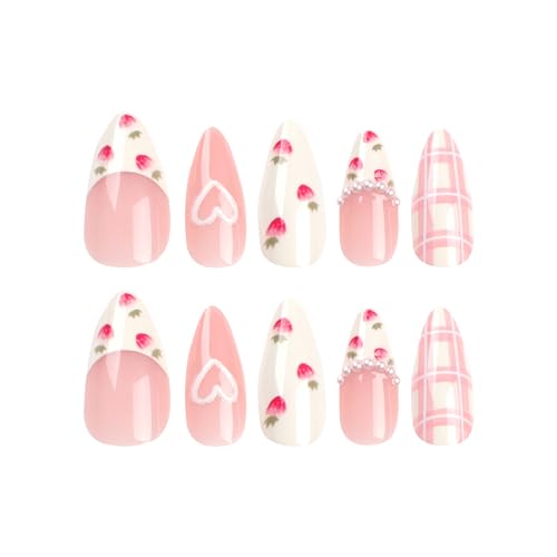 Long Almond Press on Nails Strawberry Pearl Design Glossy Fake Nails 24Pcs