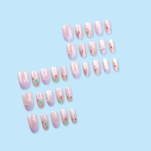 Light Purple Short Oval Press on Nails French Tip with Glitter Diamonds