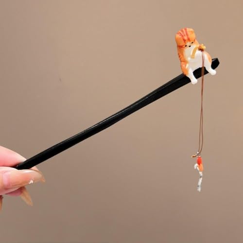 Sandalwood Tassel Hair Stick with Cute Cat Fishing Motif, 2-Piece Set