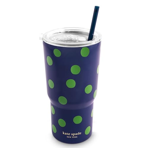 kate spade new york 20 Ounce Insulated Tumbler for Cold and Hot Drinks with Reusable Straw, Stainless Steel Travel Cup with Slide Top Lid, Sonnet Dot
