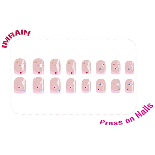 IMRAIN Short Square Press On Nails Glossy Pink French Tips Rhinestone Star