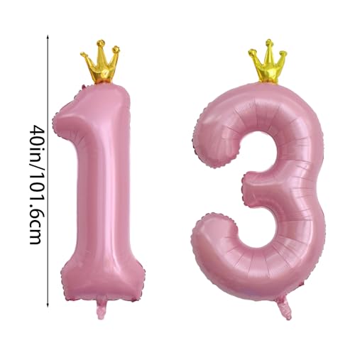 40 Inch Number 13 Pink Crown Foil Balloon Set for 13th Birthday Party