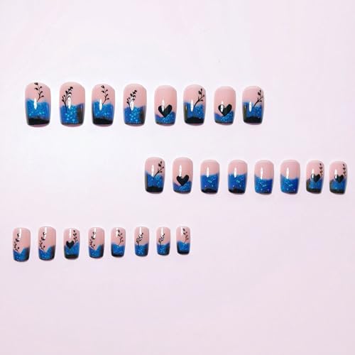 LYLYNB Blue Gradient French Tip Press on Nails Glossy Square Fake Nails with Heart Leaf Pattern