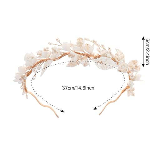 SELFCLOUD Gold Bridal Headband with Handmade Resin Flowers and Pearls