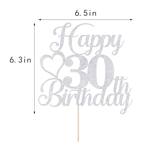 Silver Glitter Happy 30th Birthday Cake Topper Cheers to 30 Years Old Decoration