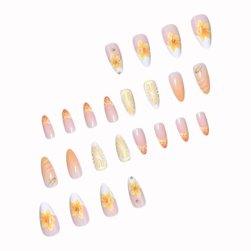 French Tip Press on Nails Medium Almond Fake Nails 3D Flower Lemon Design