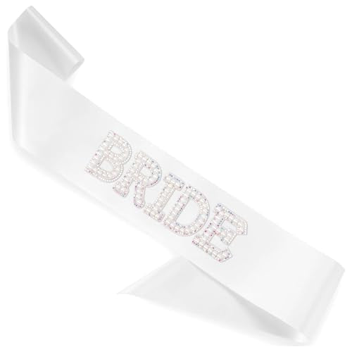 Asofelk White Bride Sash with Pearls and Rhinestones, Bachelorette Party