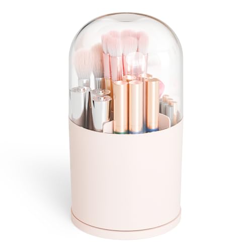 Yieach Rotating Makeup Brush Holder with Lid - 6-Compartment Pink Organizer