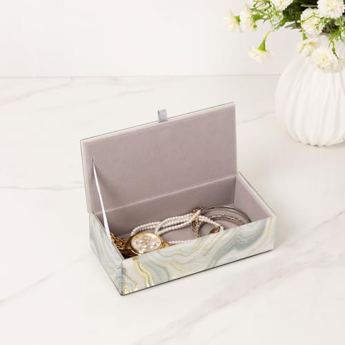 Glass Jewelry Box for Women and Girls - White Gold Small Velvet Organizer for Earrings, Rings, Bracelets - Birthday, Wedding, Christmas Gift