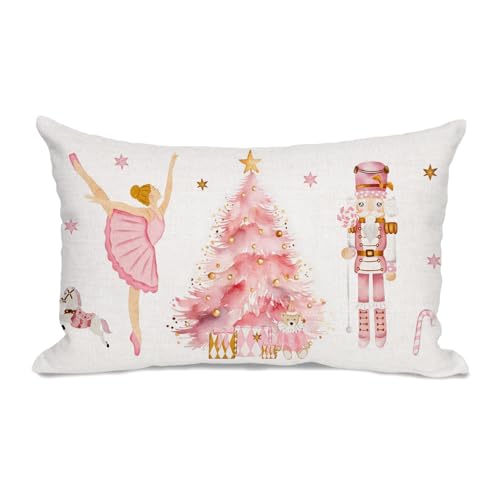 Pink Christmas Pillow Cover 12x20" - Ballerina & Nutcracker Design