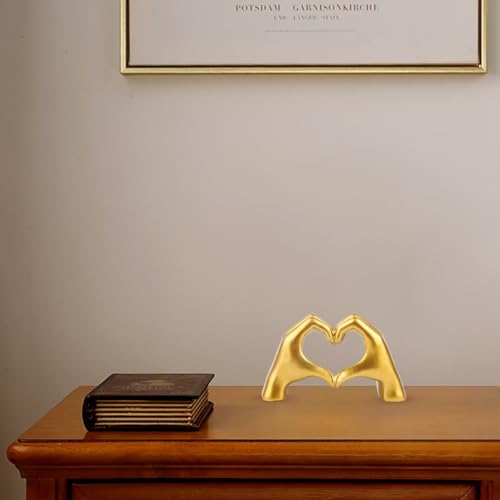 Gold Resin Heart Hands Sculpture - Modern Love Finger Statue