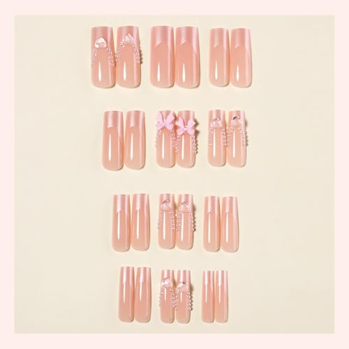Pink French Tip Press on Nails Long Square with 3D Bow Heart
