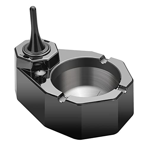 Black Stainless Steel Cigarette Ashtray with Refillable Match Lighter - Gift for Men