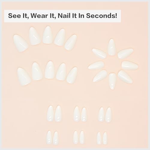 AddFavor Short Almond Press on Nails White Glossy Fake Nails Kit