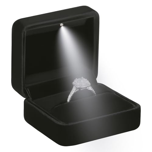 LETURE Black Glossy Jewelry Ring Box with LED Light - Velvet Gift Box for Engagement & Weddings