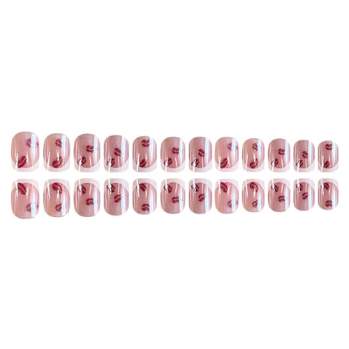 Valentine Press on Nails Short Square Chrome False Nails with Red Lip Design