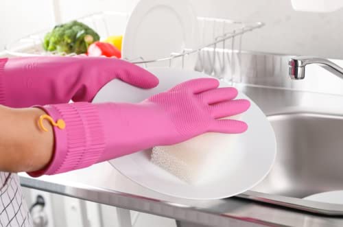 Myungjin Reusable Medium Rubber Gloves with Hang-Dry Hook - Non-Slip Cleaning