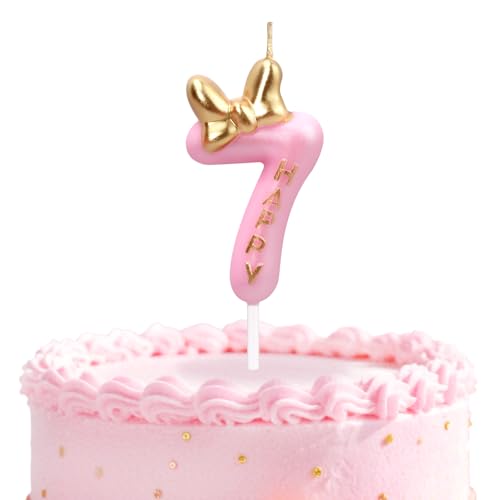 Glitter Number 7 Birthday Candle with Pink & Golden Bowknot