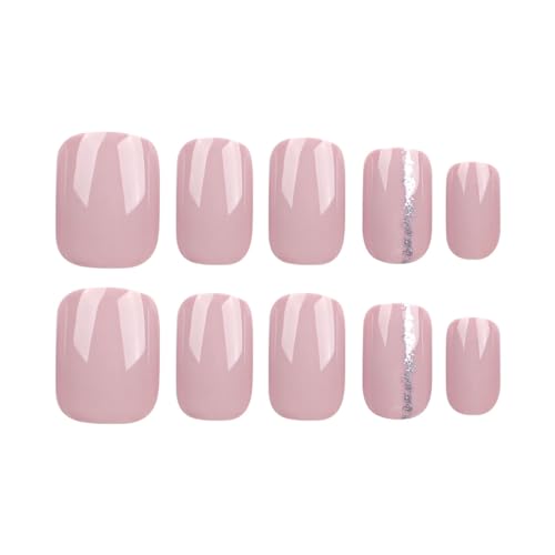 BFY Short Square Press on Nails - Glossy Purple Fake Nails with Glitter Lines, 24 Pcs