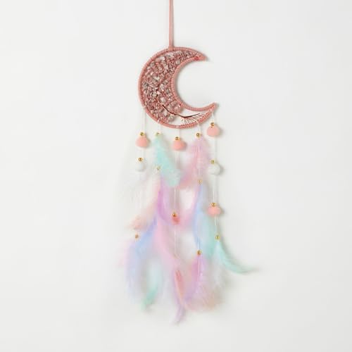 Pretty Jolly Pink Moon Dream Catcher with Crystal Stones Wall Decor