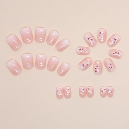 LYLYNB Ombre French Press on Nails Cute Flower Design Short Square Fake Nails