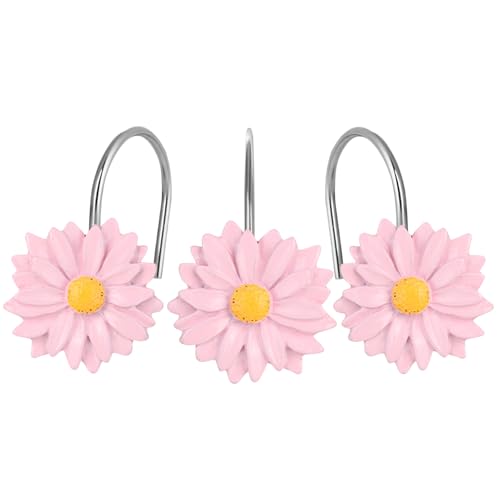 Pink Daisy Flower Shower Curtain Hooks - 12-Piece Anti-Rust Stainless Steel