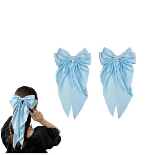 Light Blue Jumbo Satin Hair Bow Clip 2-Piece Long Tail Bowknot Barrette