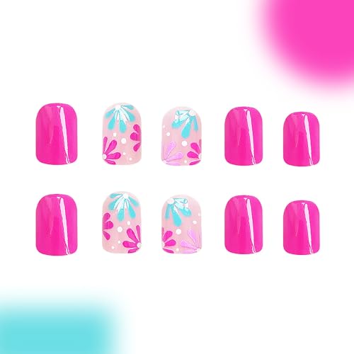 Pink Square Press on Nails with Cute Floral Design, 24Pcs Short Reusable