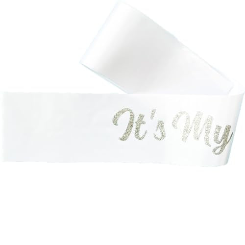 It's My 16th Birthday Satin Sash with Silver Glitter Letters, White