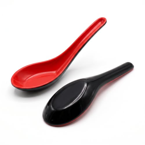 2PCS Asian Soup Spoons Set - Red & Black Melamine for Ramen, Pho