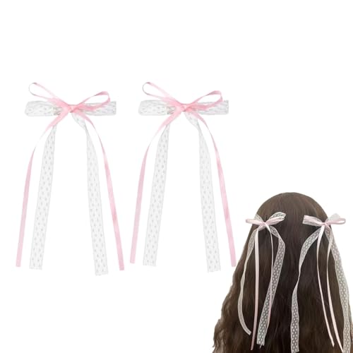 Pink Lace Bow Hair Clips with Pearls, Cute Coquette Hair Barrettes - 2Pcs