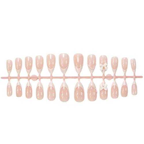 French Tip Press on Nails Nude Almond Fake Nails with Bow and Pearls