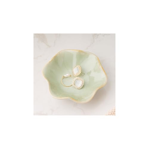 Mecaikru 4-Inch Ceramic Ring Dish - White Green Kiln Glazed Trinket Tray
